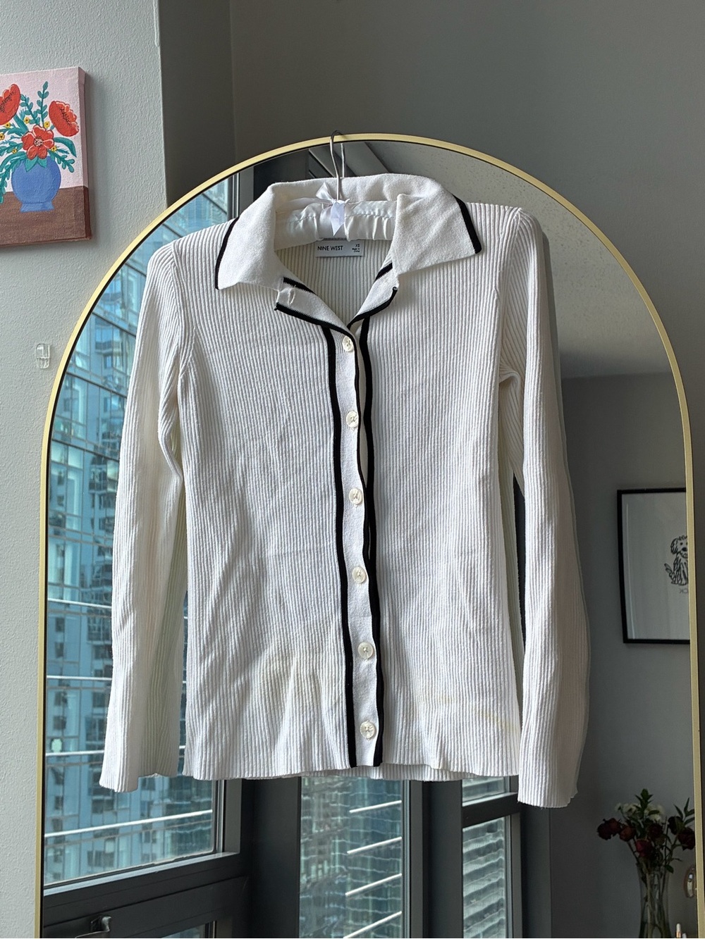 Nine West White Ribbed Button-Down Shirt with Black Trim